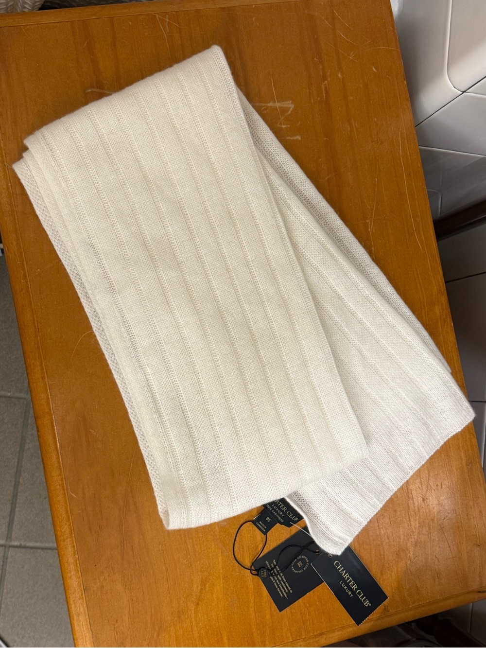 Charter Club Cream Cashmere Ribbed Scarf - NWT - Picture 3 of 6